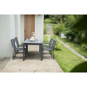 Comedor de Exterior Jónico, Negro, incluye cuatro cómodas sillas negras
