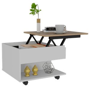 Mesa de Centro Salento, Blanco y Café claro, con espacio extensible y rodachinas de freno